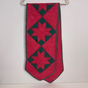 Vintage Handmade Quilted Christmas Star Table Runner Red Green 22x64